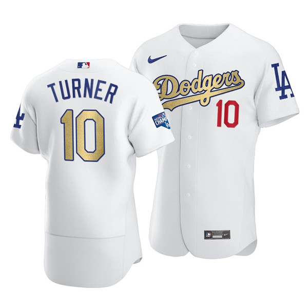Men's Los Angeles Dodgers #10 Justin Turner White Gold 2021 World Series Champions Patch Sttiched MLB Jersey Men's Los Angeles Dodgers #10 Justin Turner White Gold 2021 World Series Champions Patch Sttiched MLB Jersey